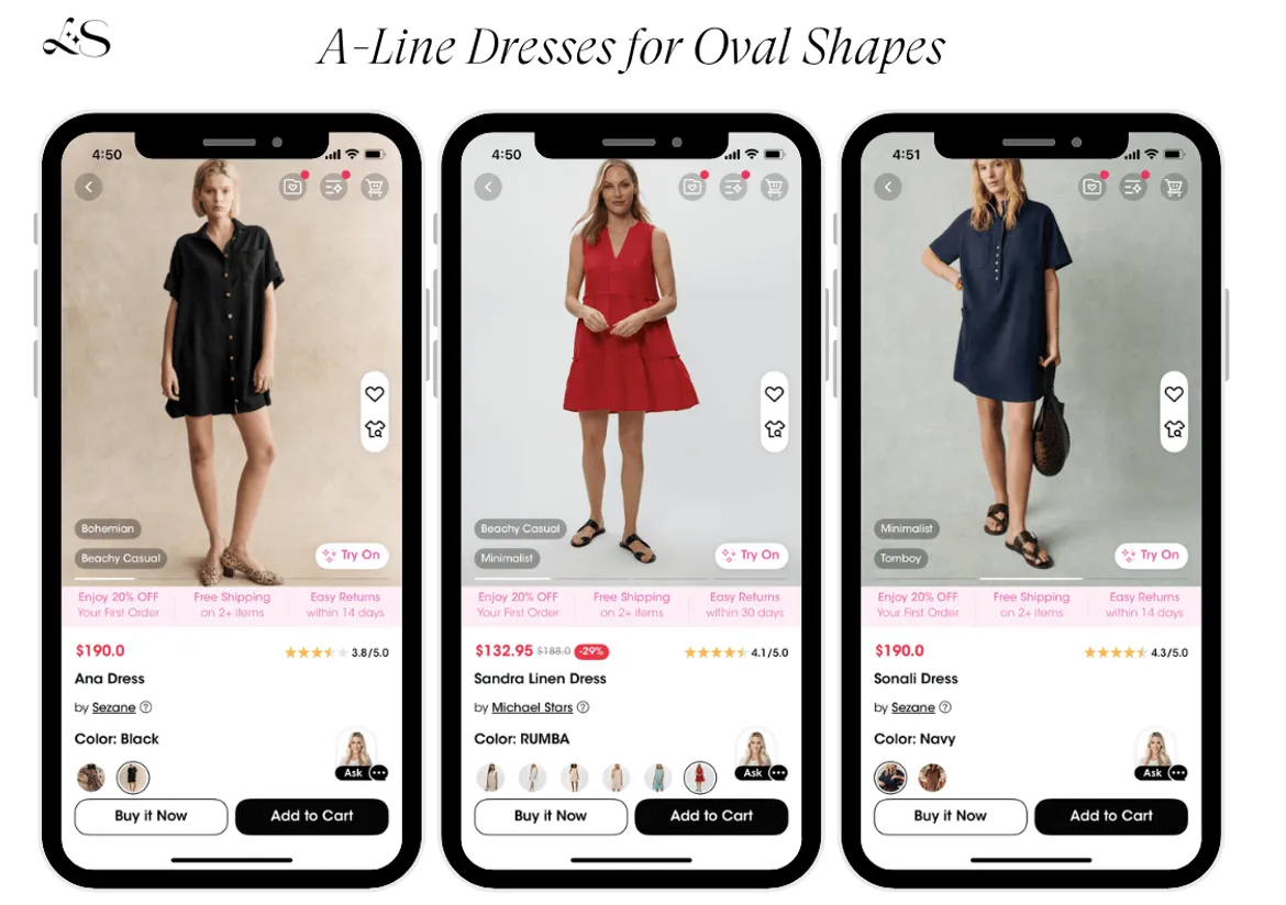 A-line dresses styled for oval body shapes in casual styles