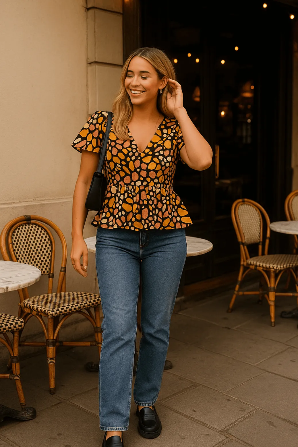 Woman in orange abstract print peplum top with straight-leg jeans