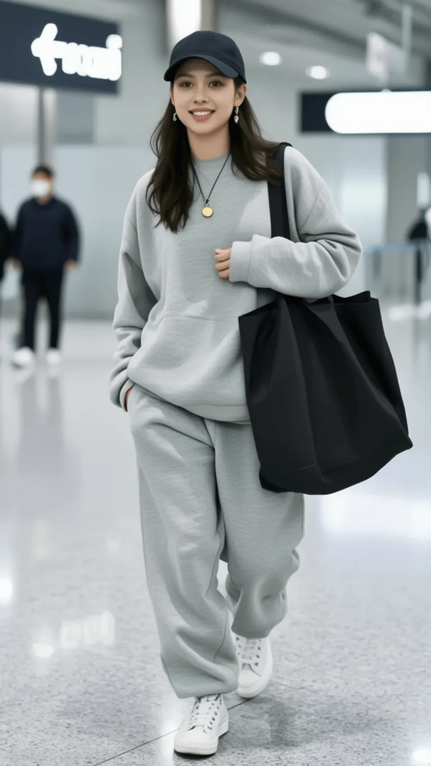 Woman in airport wearing grey sweatsuit