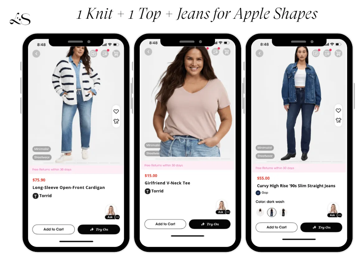 Apple shape outfit with striped knit, V-neck tee and slim straight jeans