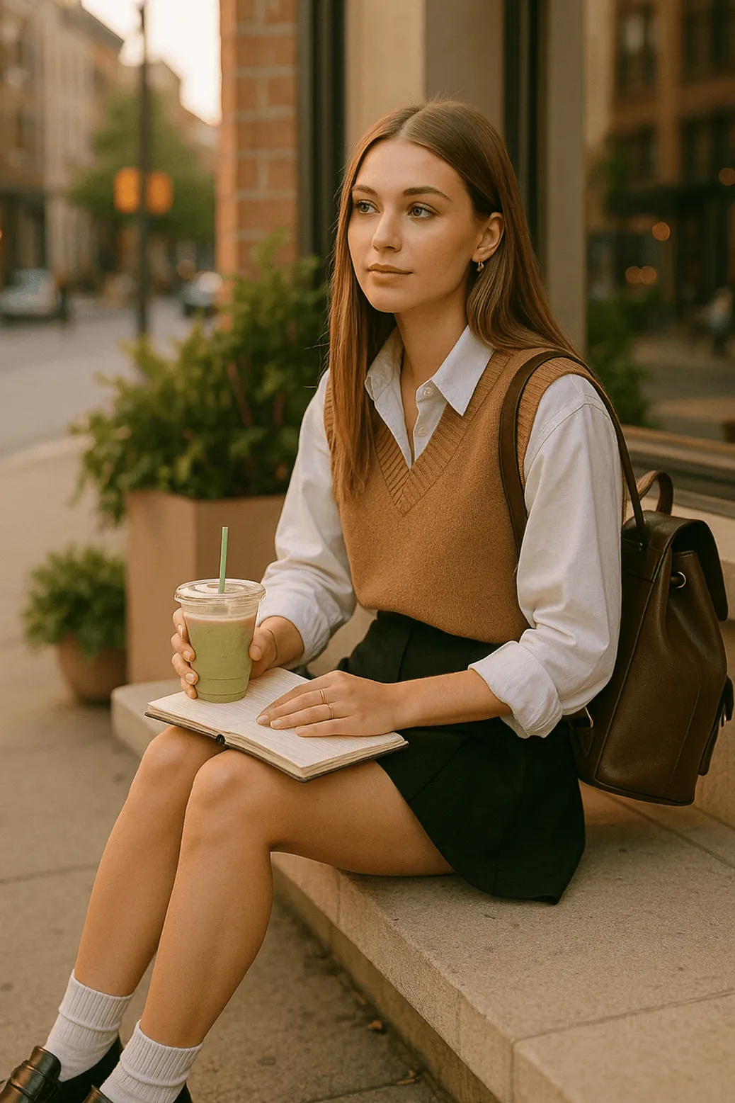 Young woman sitting with matcha drink in preppy outfit