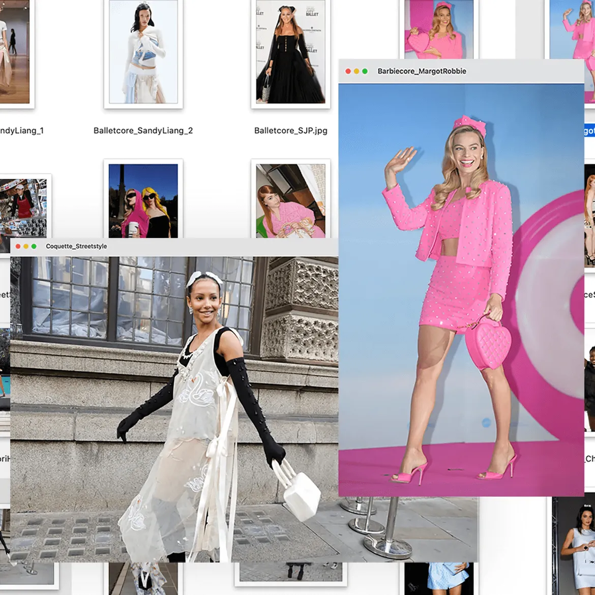 Fashion trend collage of Balletcore and Barbiecore