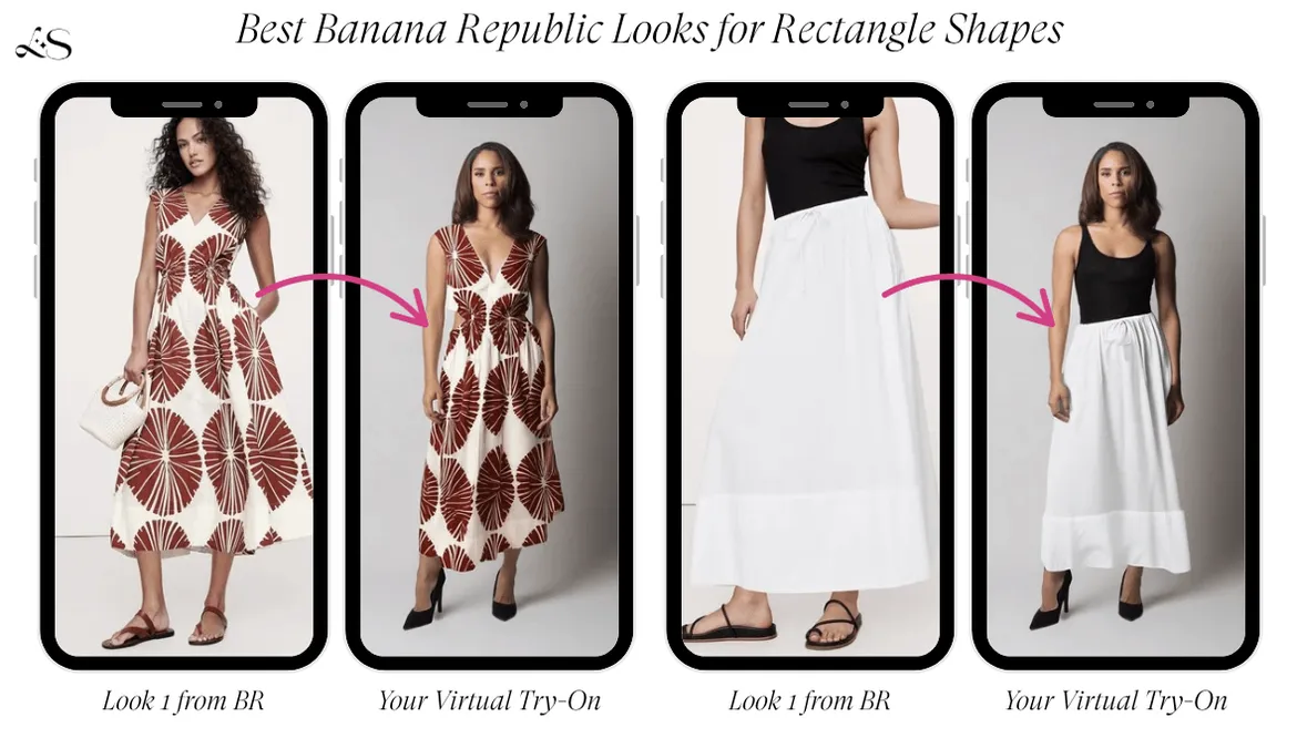 Virtual try-on showing pear-shaped body with Banana Republic jumpsuit and dress