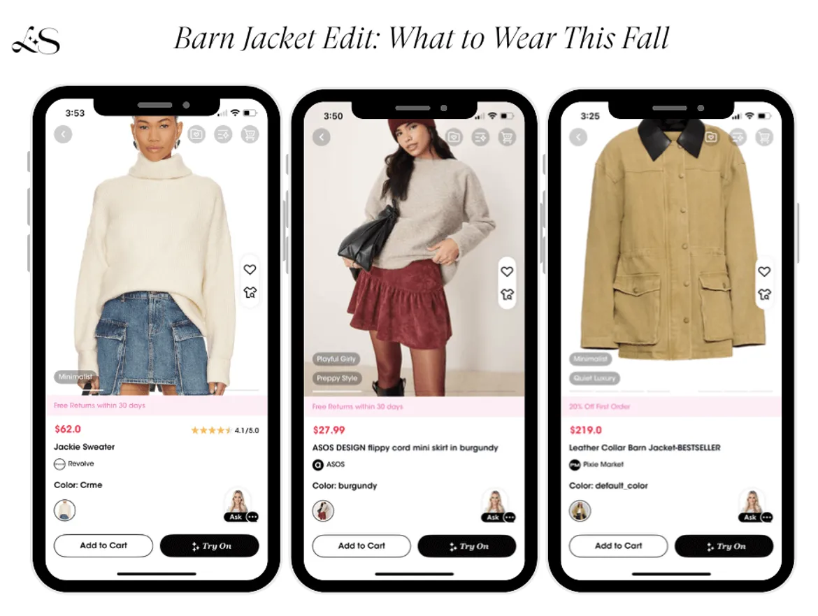 Barn jacket styled with knit turtleneck and cord skirt