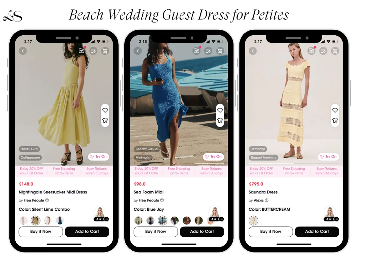 Beach wedding guest dresses for petite women in yellow, blue, and cream tones