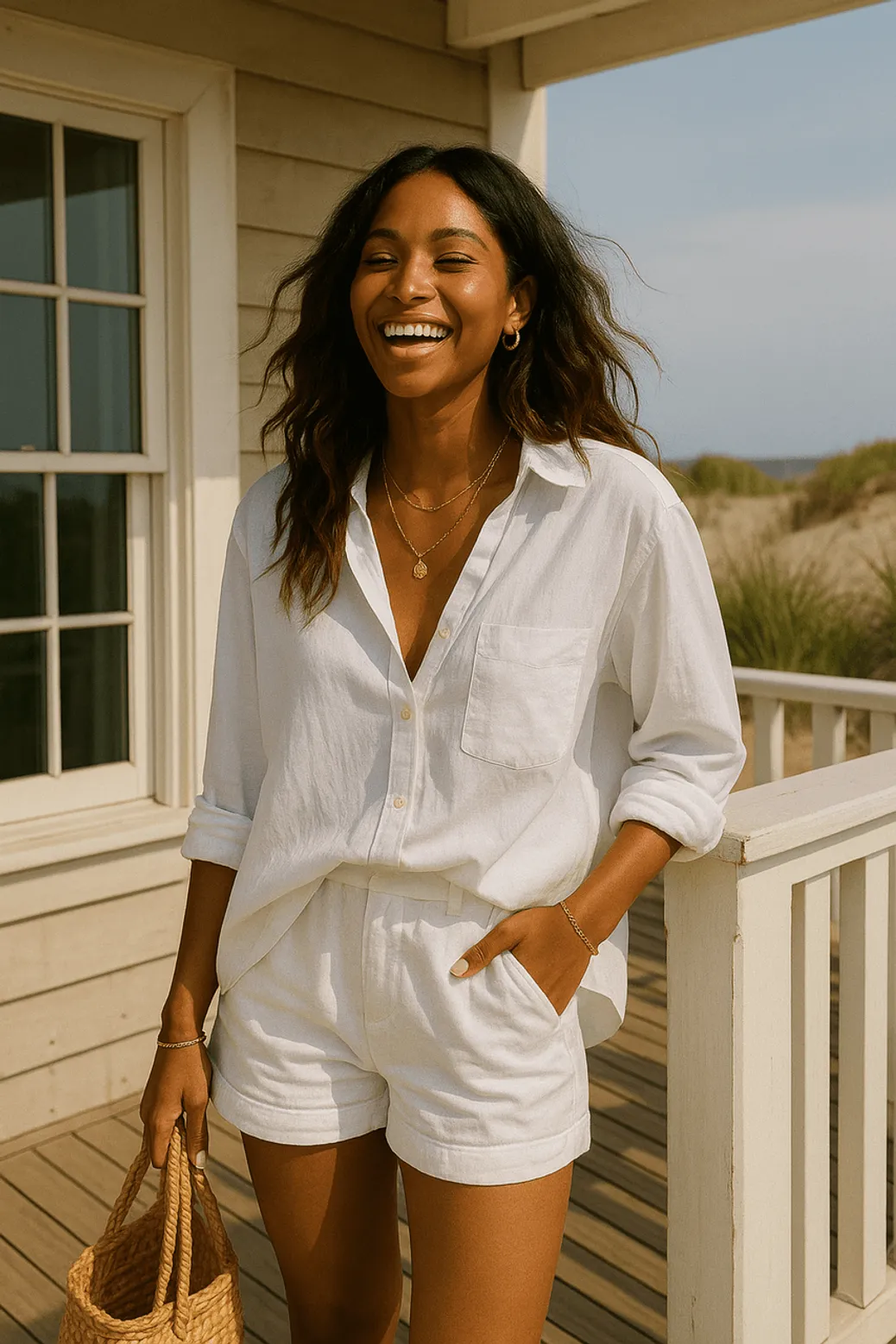 White linen button-down and shorts beach vacation look