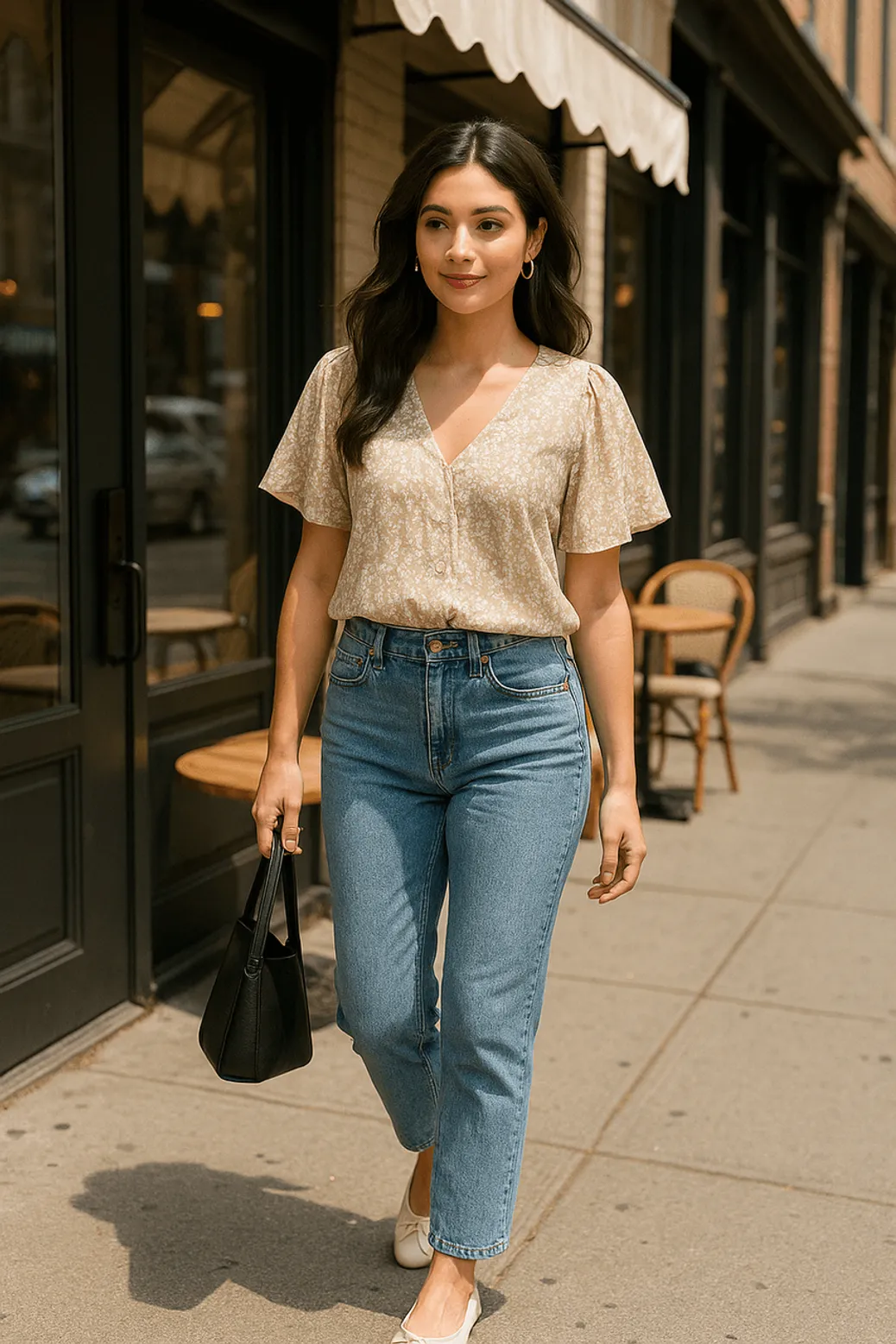 Beige floral blouse with light-wash jeans