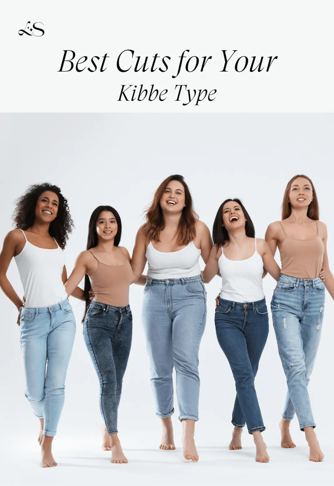 Five diverse women showcasing best jeans cuts for different Kibbe body types