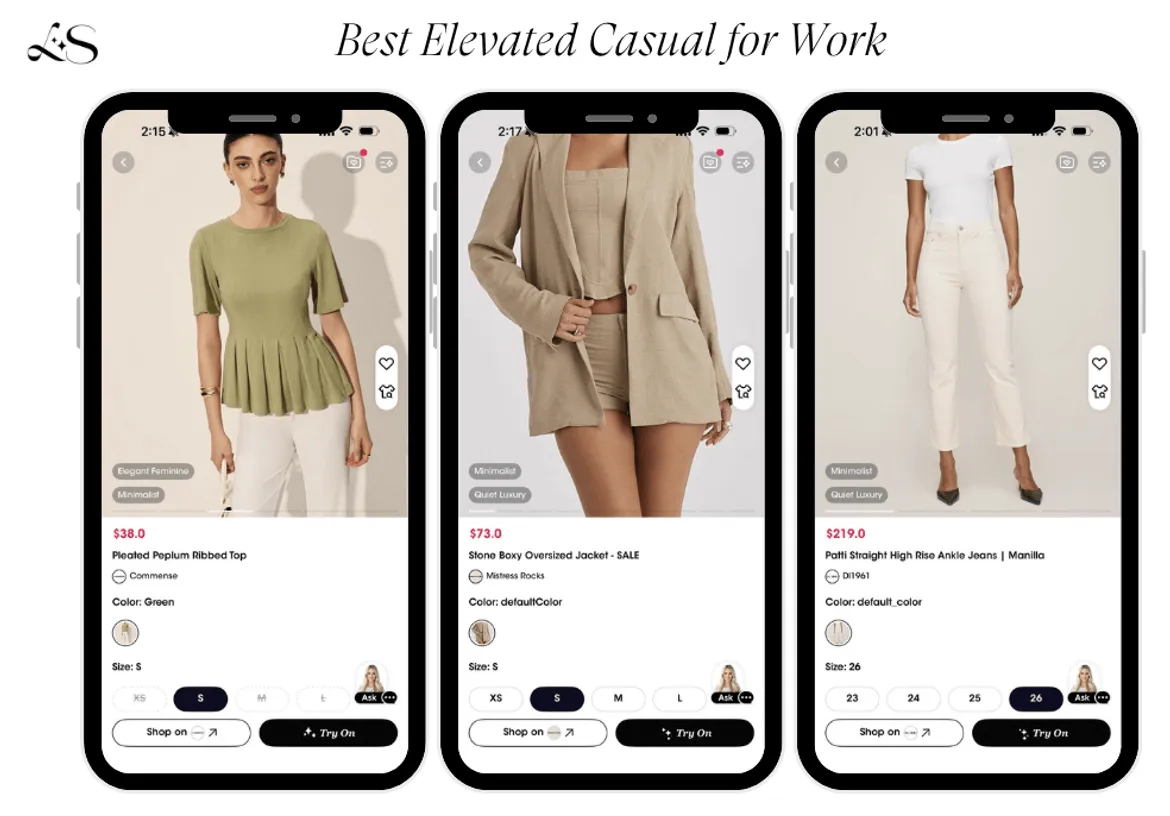 Workwear outfit with pleated top, neutral blazer, and ankle jeans