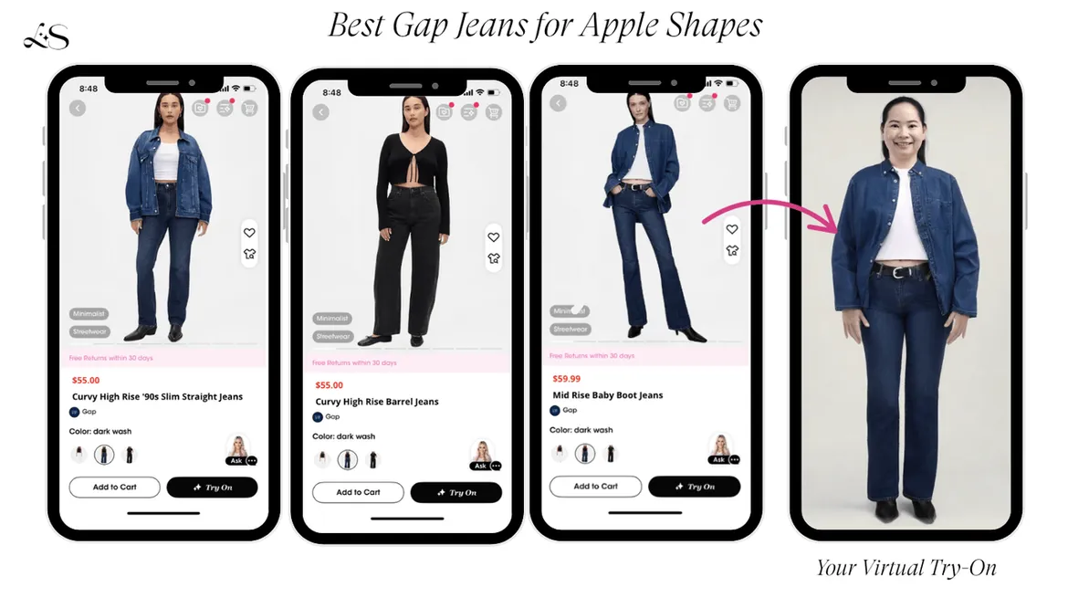 Apple-shaped body wearing Gap jeans on virtual try-on