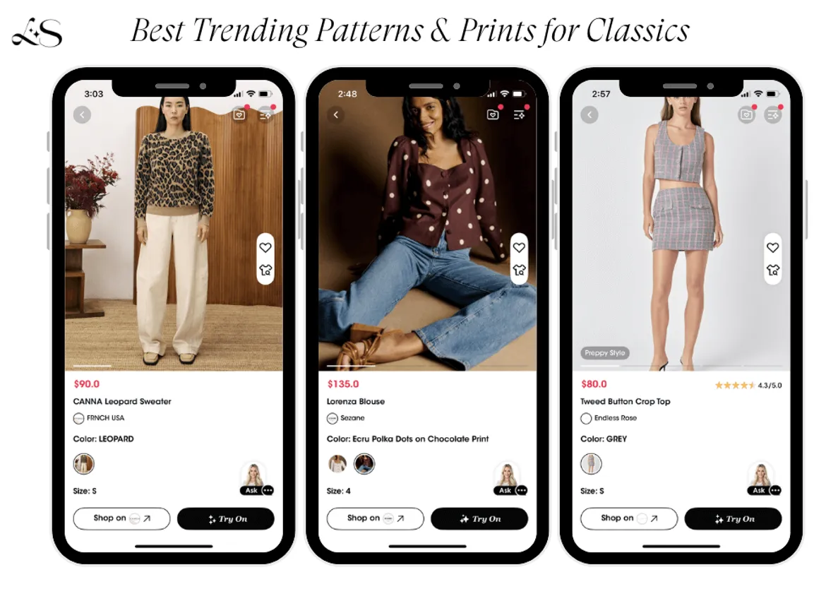 leopard sweater with beige pants, brown polka dot blouse, checkered top