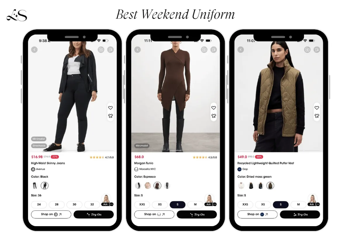 Weekend outfits with brown tunic, quilted vest, and black skinny jeans