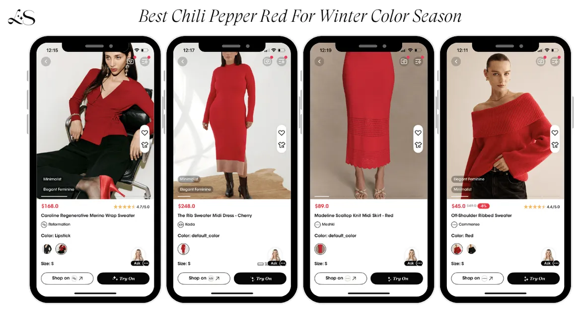 Best chili pepper red for winter color season. Bold, fiery red outfits for winter style.