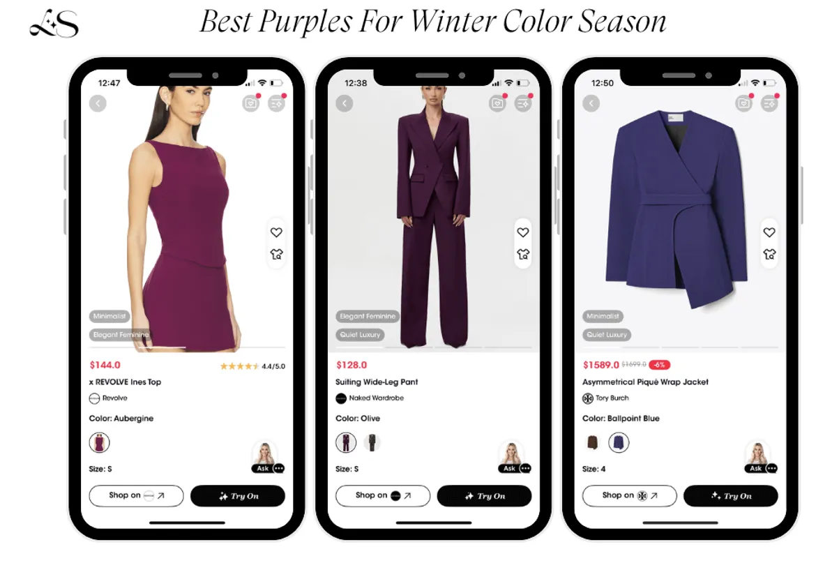 Best purples for winter color season. Deep purple shades for winter elegance.