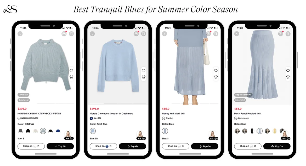 Best tranquil blues for summer color season. Soft blue shades for calm, fresh looks.