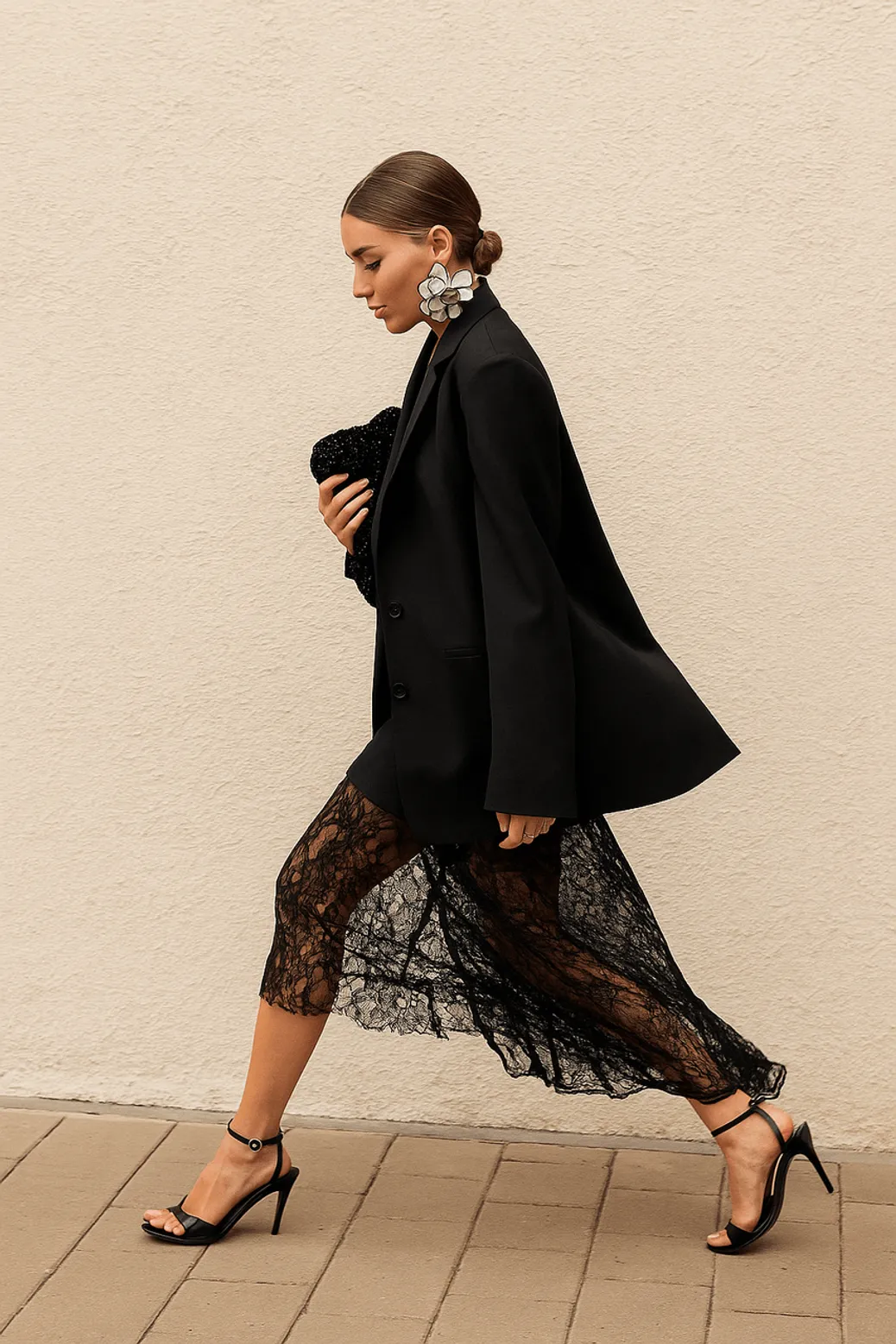 A woman in a black blazer and sheer lace skirt walking in a Fall/Winter 2025 street style look.