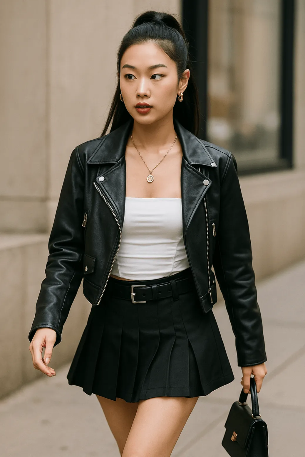 Edgy outfit with black leather jacket and black pleated skirt