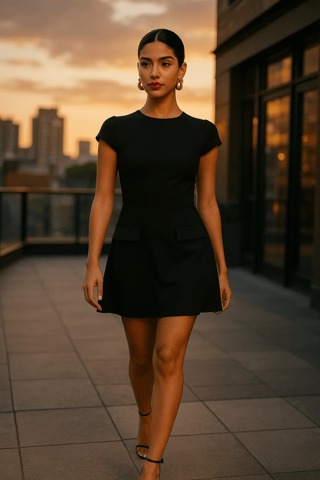 Black mini dress outfit for sunset rooftop event