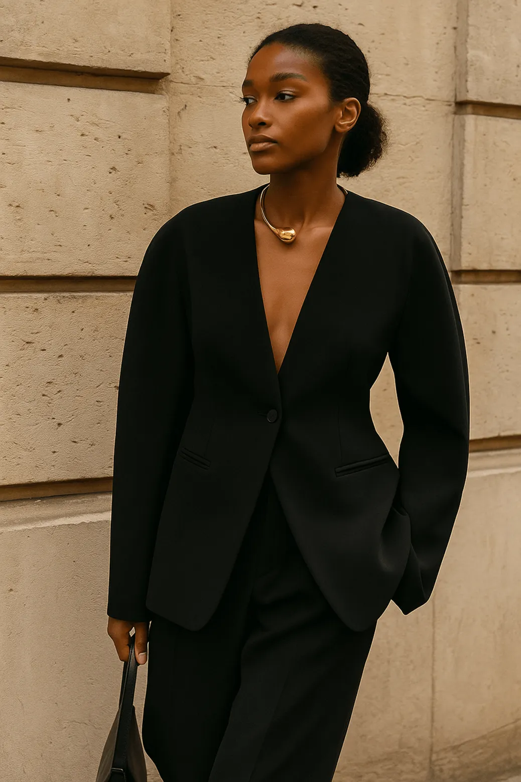 A woman wearing a sleek black minimalist tailored suit with a deep V blazer and sculptural gold necklace, captured in a Winter 2025 fashion trend look.