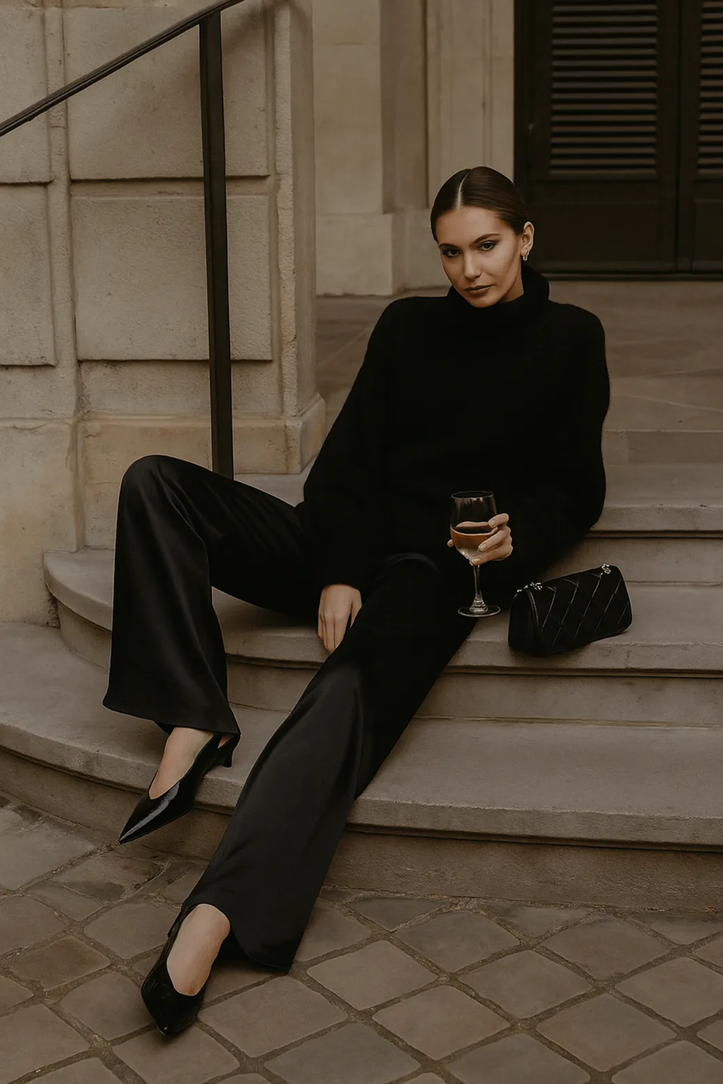 A relaxed, evening look on stone steps featuring black satin trousers, a soft turtleneck sweater, pointed heels, and a glass of wine beside a quilted bag.