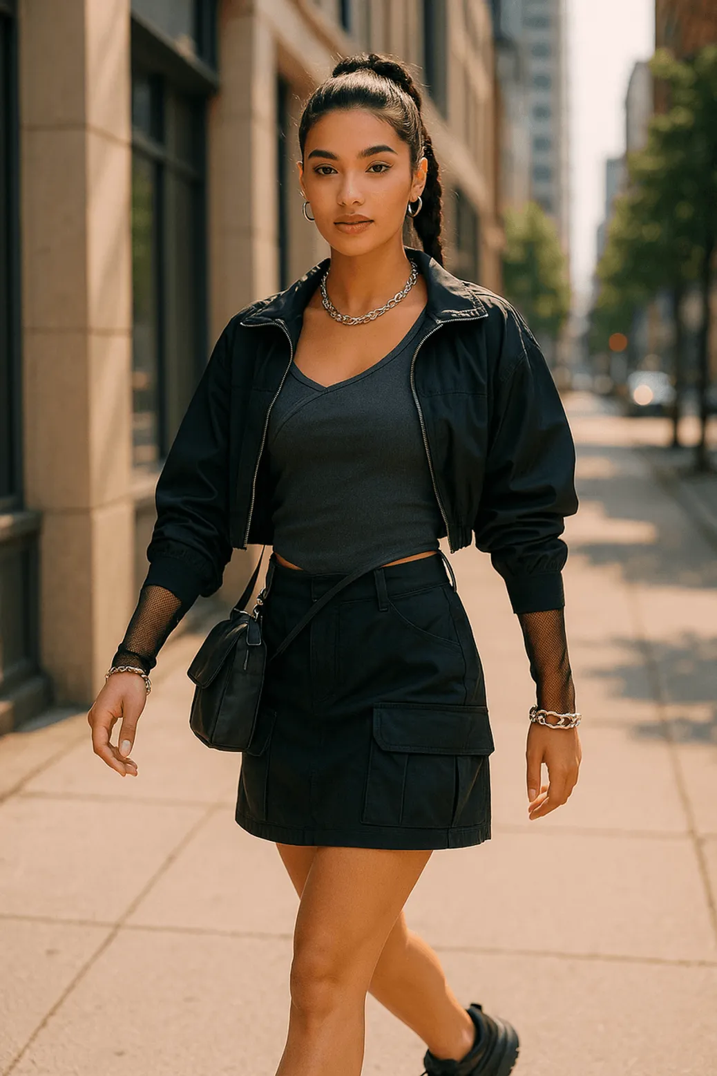 Urban fashion look with mesh black jacket and cargo mini skirt