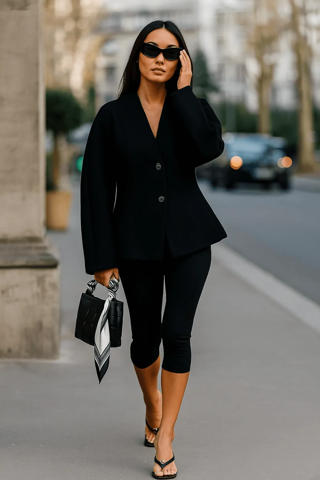 A woman walking in Paris wearing a black tailored jacket, fitted capri leggings, strappy heels, and sunglasses — a polished Fall/Winter 2025 street style look.