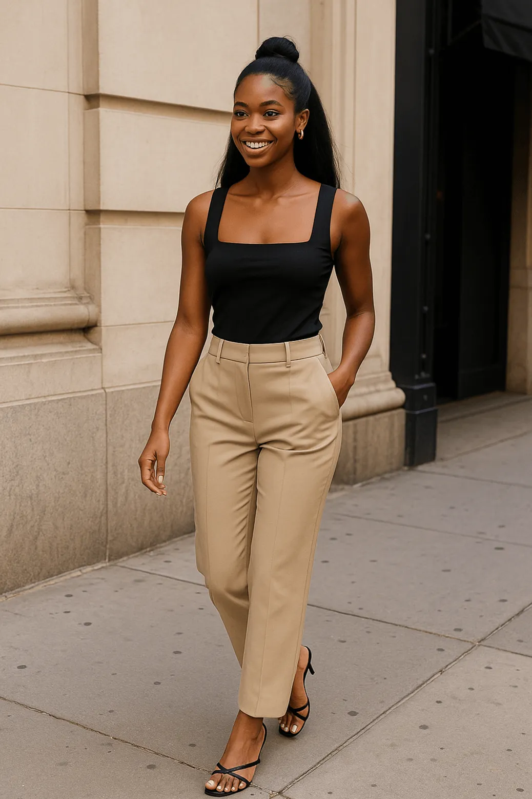 Woman in black tank and beige high-waisted pants with heels