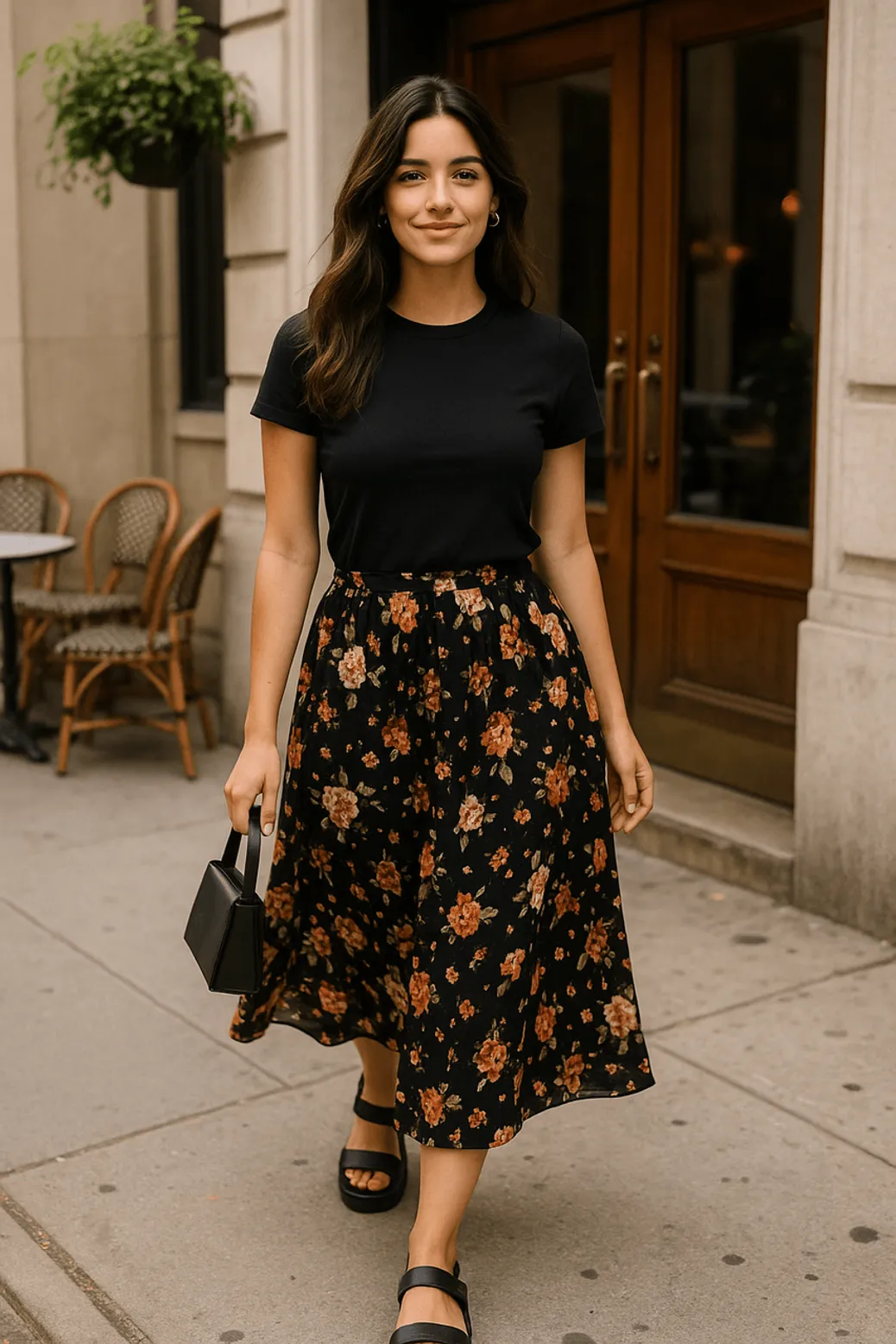Black tee with floral midi skirt outfit