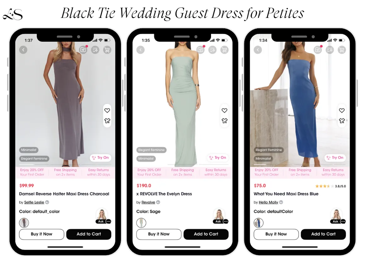Elegant black tie wedding guest dresses for petites in charcoal, sage, and blue