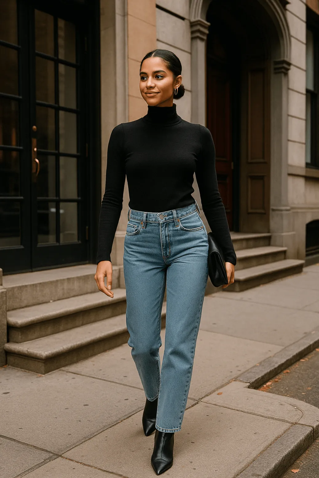 Woman in black turtleneck and light-wash jeans
