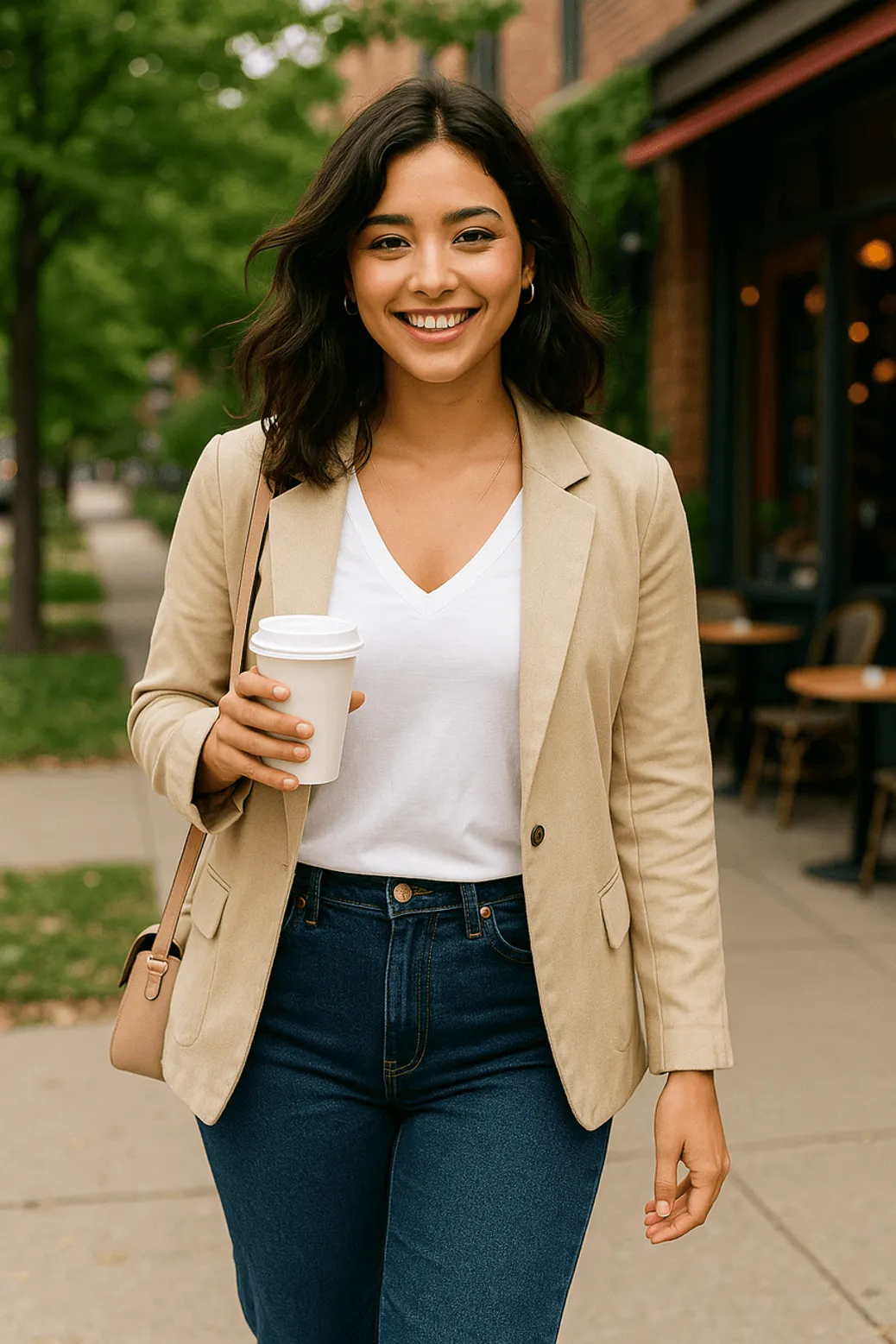 Woman in beige blazer and jeans holding coffee