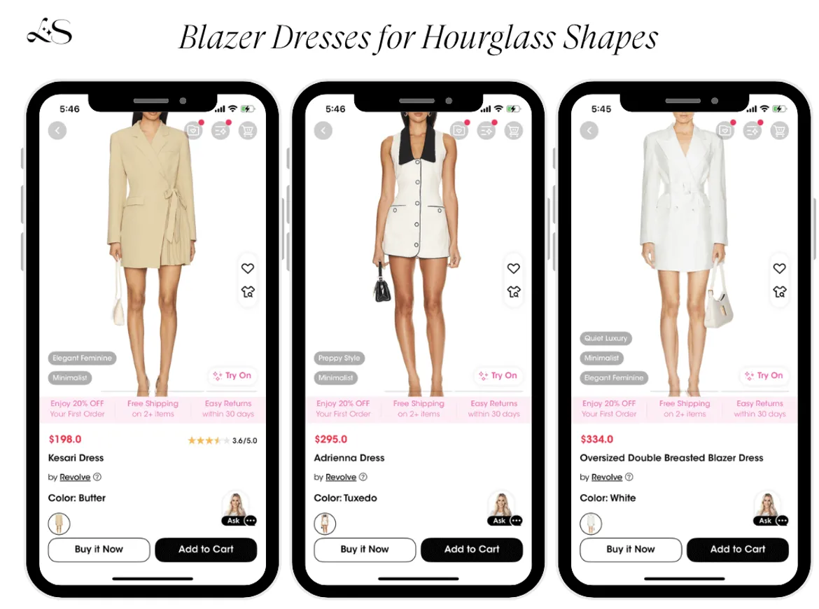 Blazer dresses styled for hourglass shapes on the LookSky app