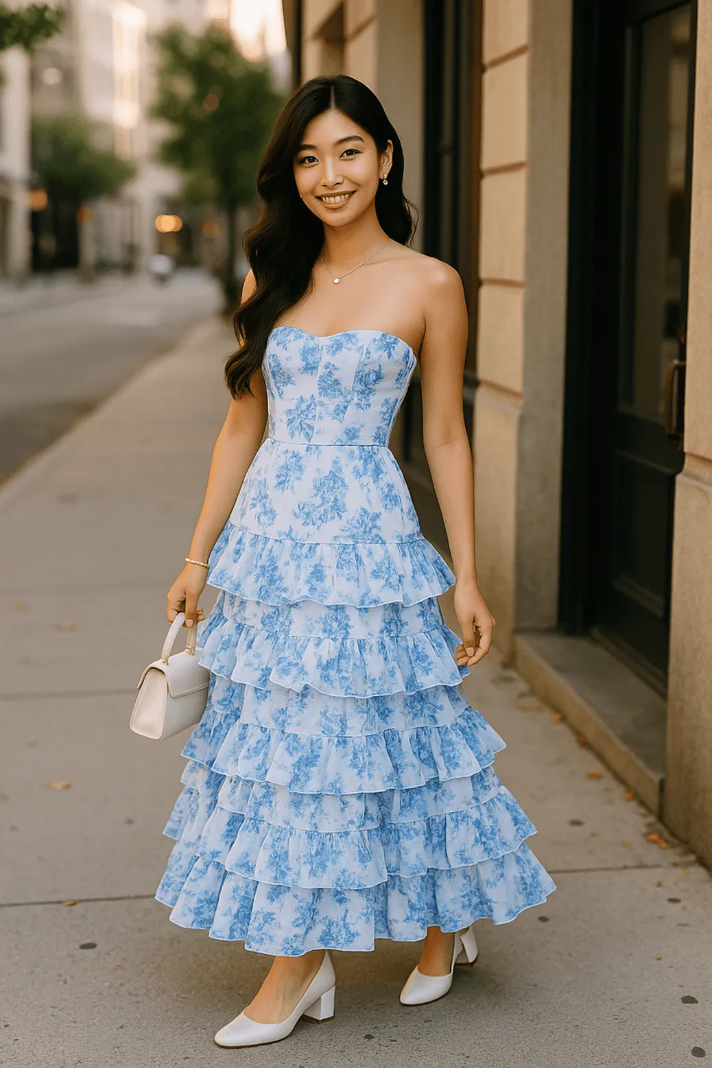 blue and white floral strapless midi dress with ruffles