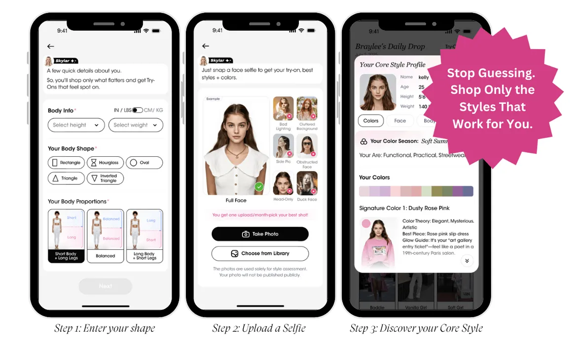 Style guide app showing shape input, selfie upload, and core style results