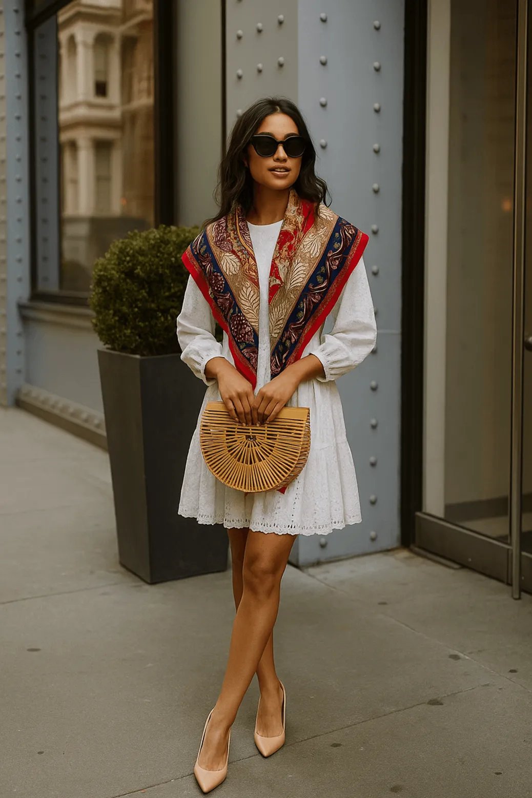 A chic city look featuring a white eyelet dress styled with an ornate boho scarf, bamboo clutch, and nude heels on a New York sidewalk.