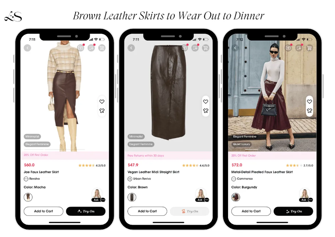 Brown leather skirts fall dinner outfit