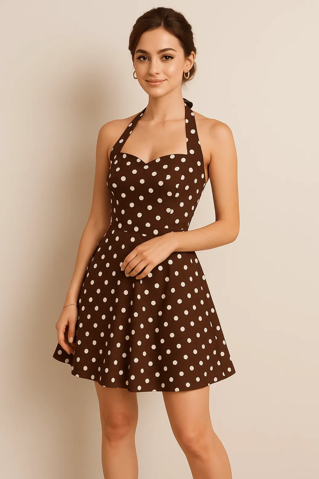 Retro brown halter dress with white polka dots