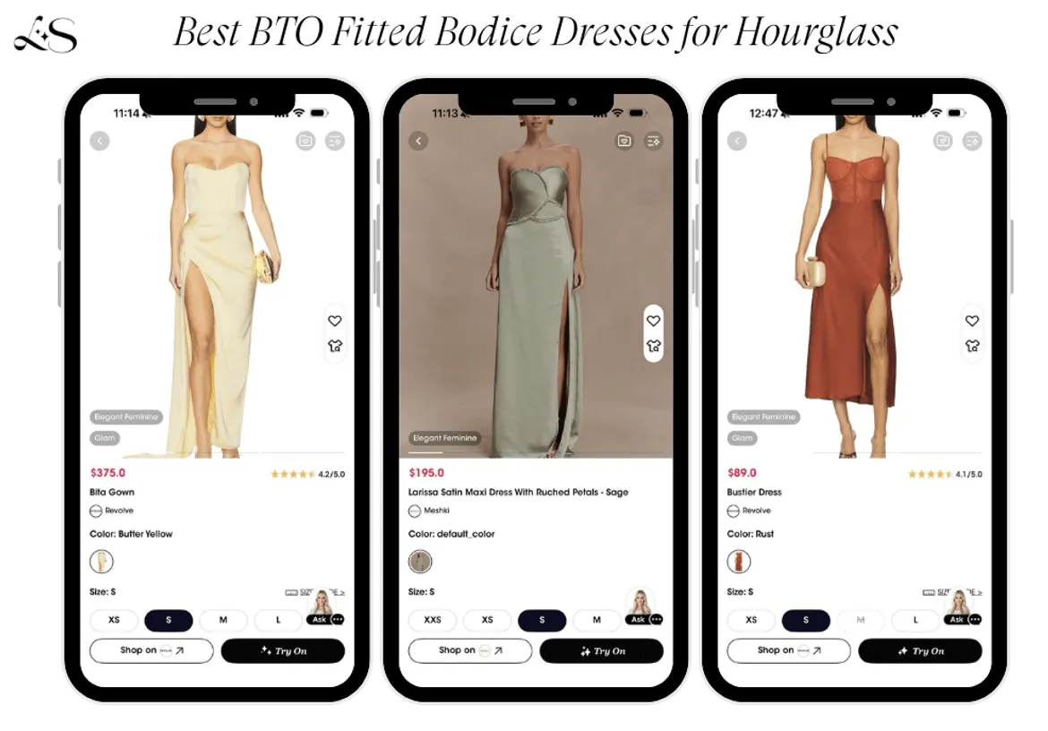 Fitted bodice dresses for hourglass shapes in yellow, sage, and rust satin
