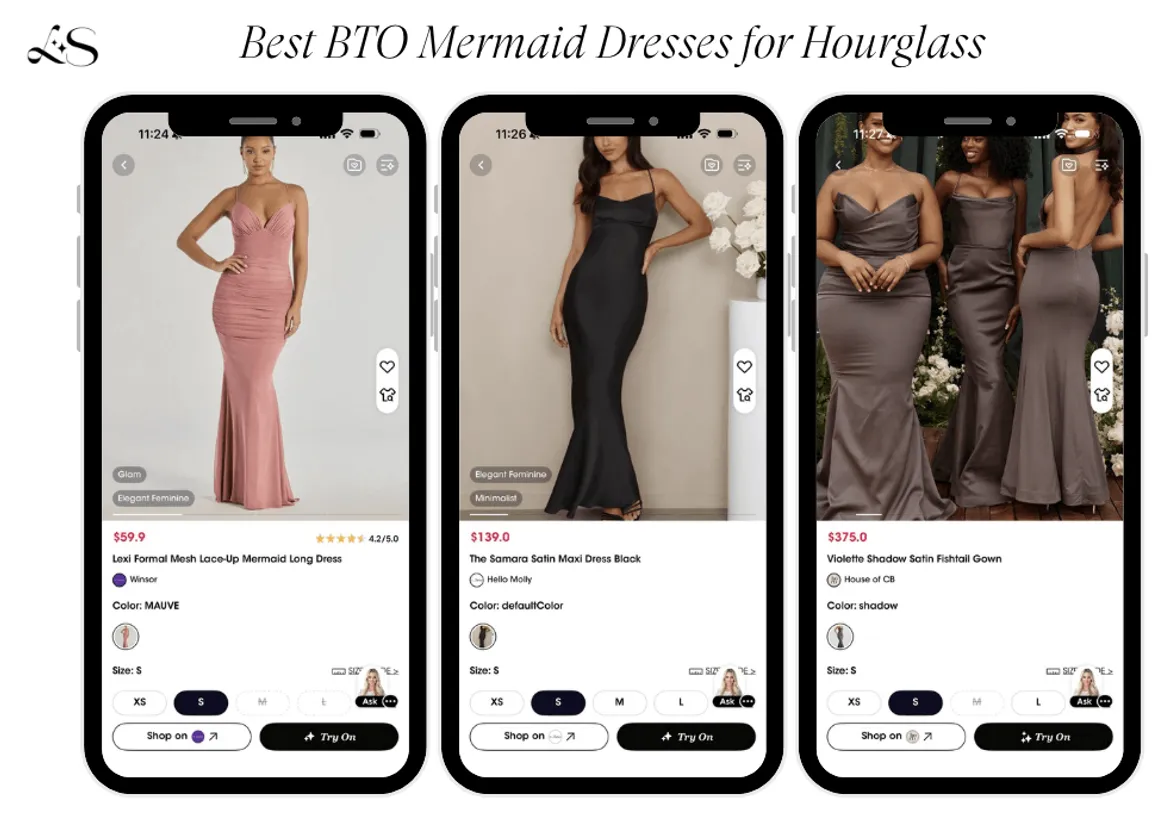 Mermaid gowns for hourglass shapes in mauve, black, and shadow satin