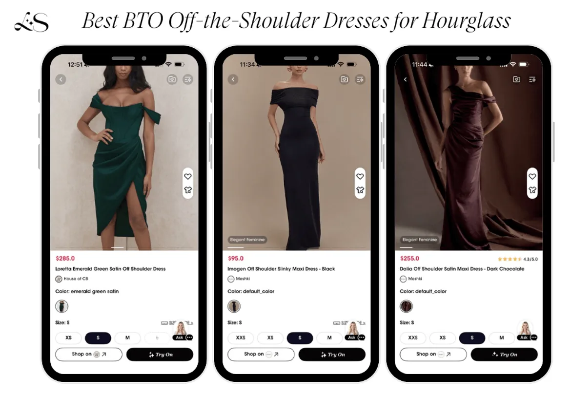 Off-shoulder satin maxi dresses in emerald green, black, and chocolate