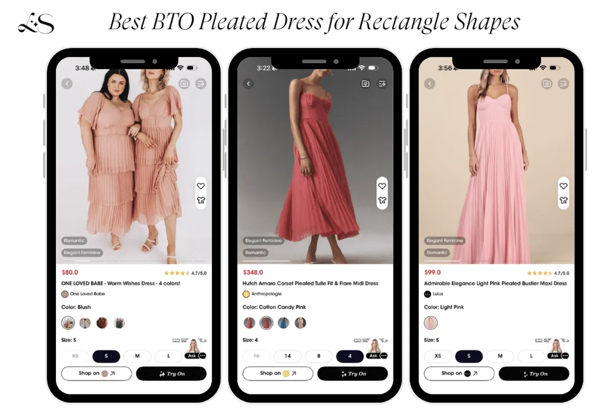 Pleated pink maxi dresses styled for formal rectangle shapes