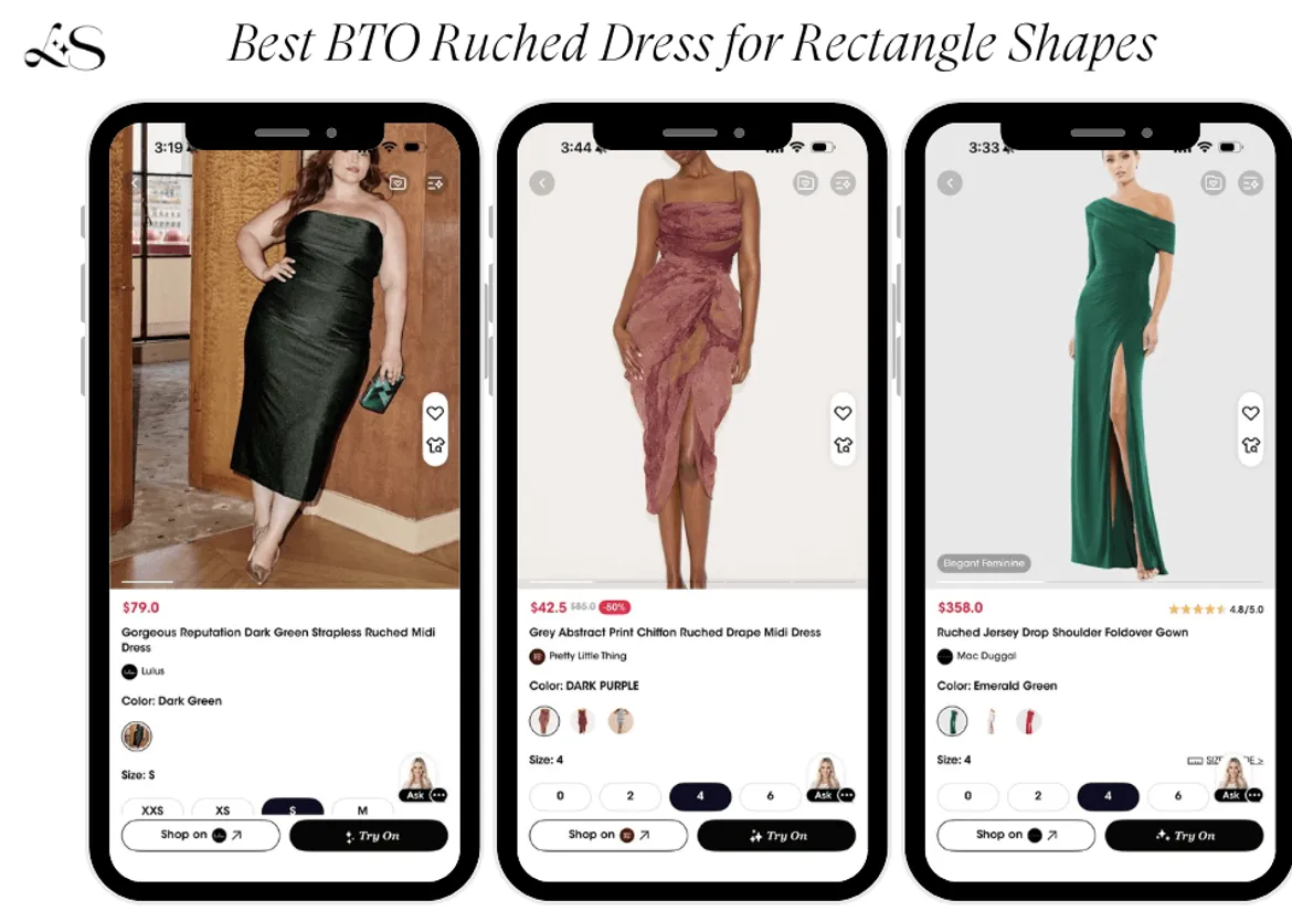Ruched satin and chiffon gowns for rectangle body shapes
