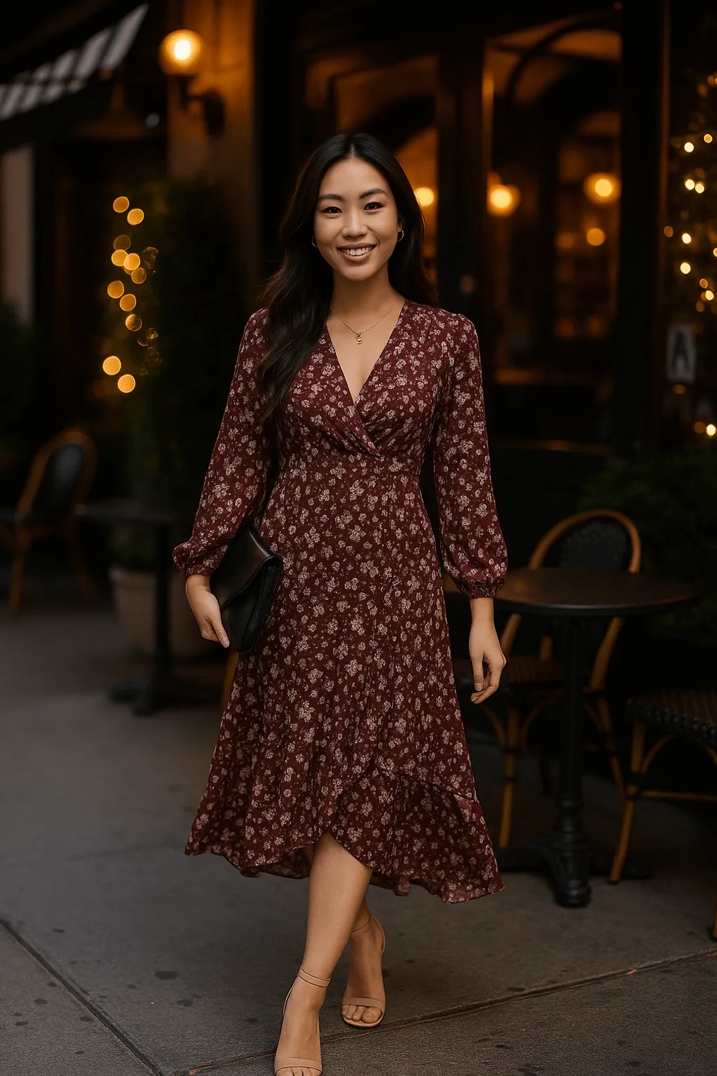 Chic woman in a burgundy floral wrap dress