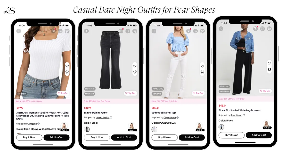 Casual date night outfits for pear shapes including jeans, white top, and peplum blouse