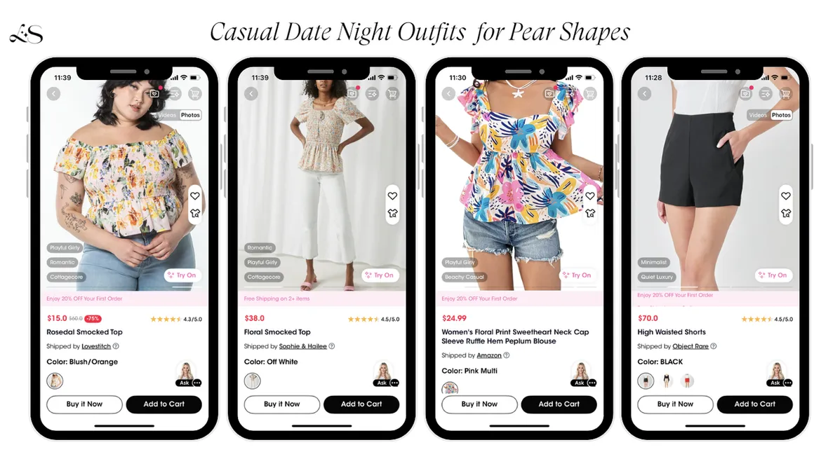 Casual tops and shorts for pear-shaped women in floral and fitted styles