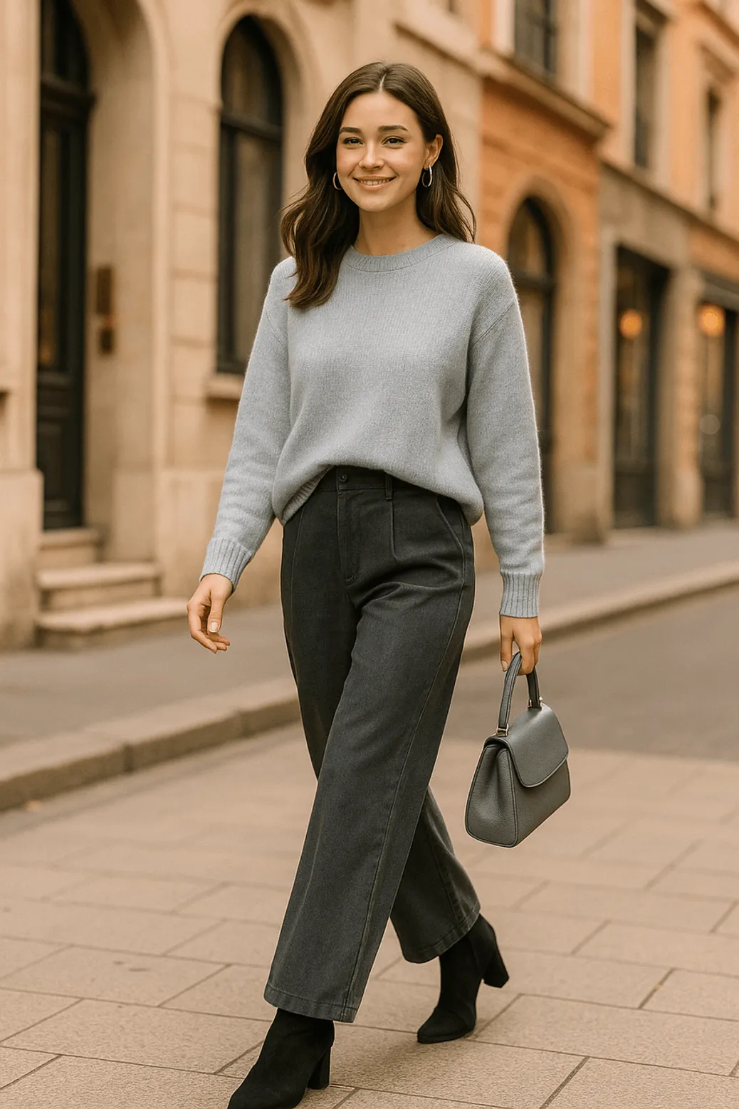 Woman in grey sweater and black jeans styled for fall