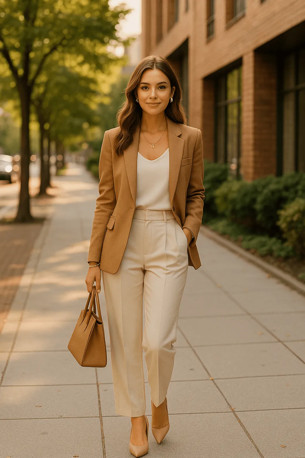 Woman wearing tan blazer with white trousers for workwear outfit