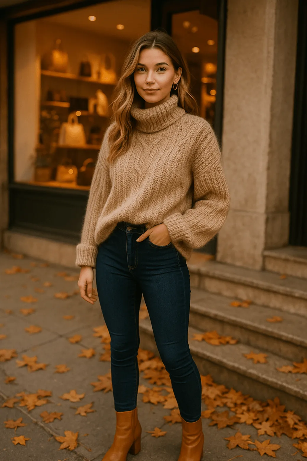 Chunky sweater with dark jeans fall outfit