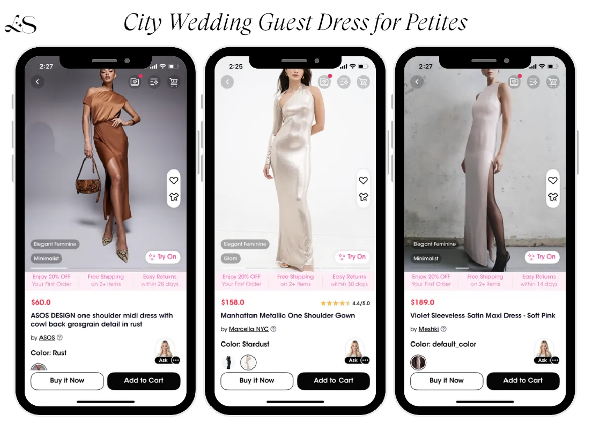 City wedding guest dresses for petite women in rust, stardust, and soft pink