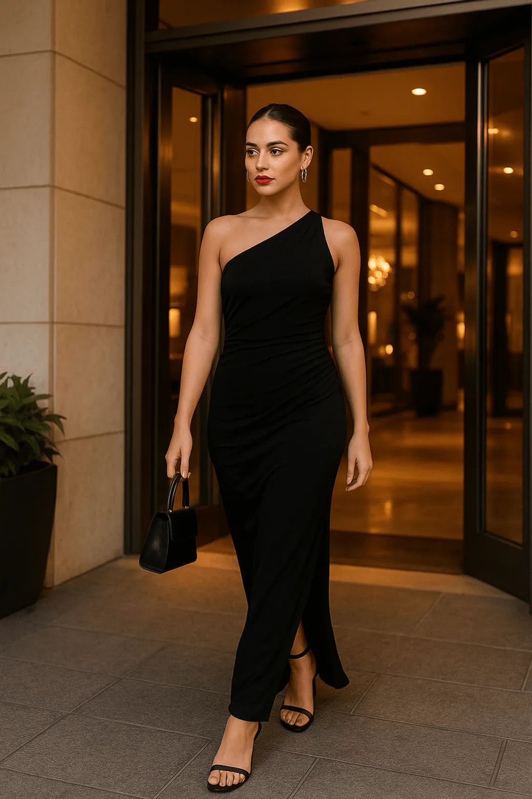 Classic black one-shoulder evening dress